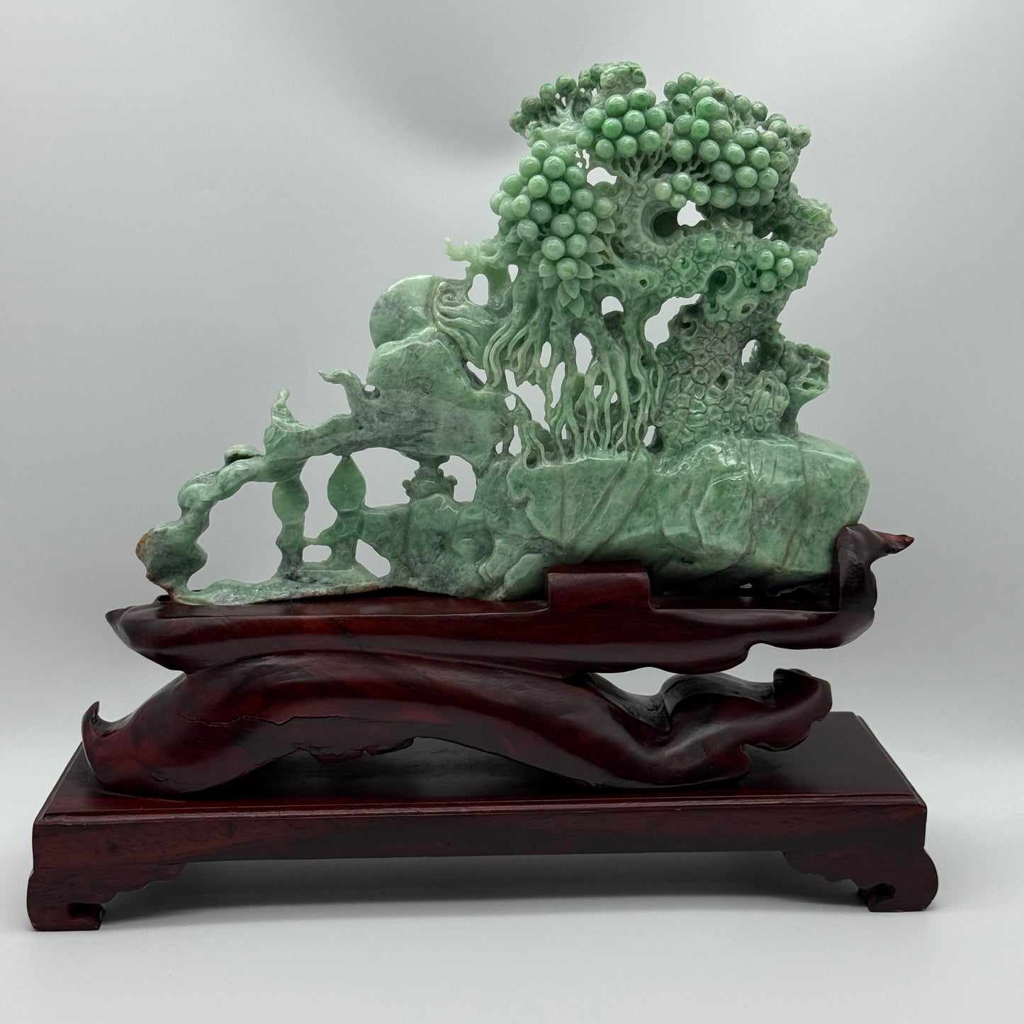 Rare Full Apple Green Buddha & Disciple Shan Shui Display 2,490g 300.0 by 230.0mm by 60.0mm with wooden stand 2,345g Total 4,835g 350.0 by 350.0 by 120.0mm