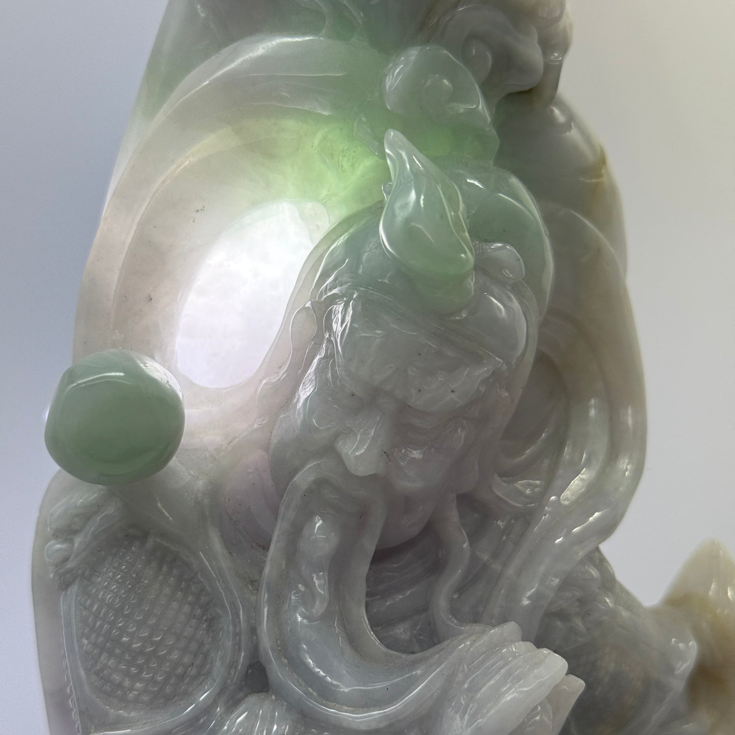 Type A Three Colour Lavender, Green & Yellow Jade Jadeite Standing Guan Gong with Wooden Stand and Victory Flag 义薄云天 旗开得胜 - 3.63kg Dimensions with Stand: 39 by 25 by 15cm Jade Dimensions: 27 by 15 by 7cm