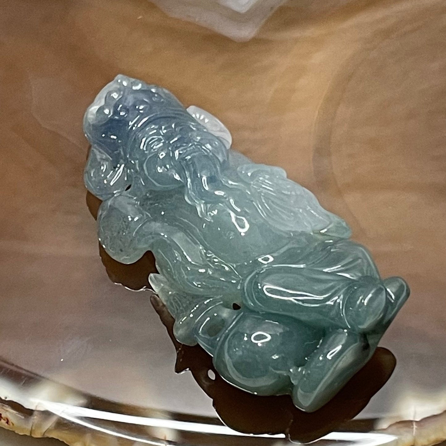18K Gold Rare Type A Blueish Green with Lavender Jadeite Cai Sheng Ye Pendant for Ultimate Wealth with NGI Cert - 30.9g 59.0 by 28.9 by 12.8mm