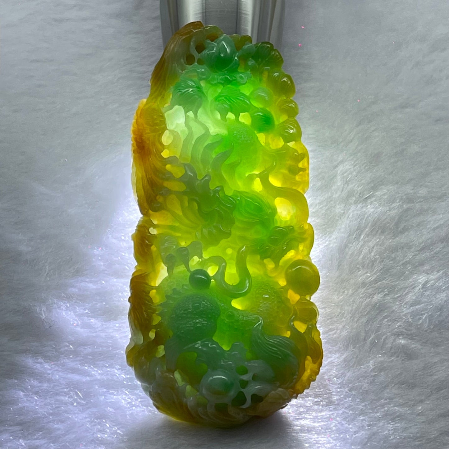 High Quality Type A Spicy Green with Yellow Piao Hua Jadeite Dragon Phoenix and Flower Pendant 55.16g 80.6 by 35.9 by 13.9mm