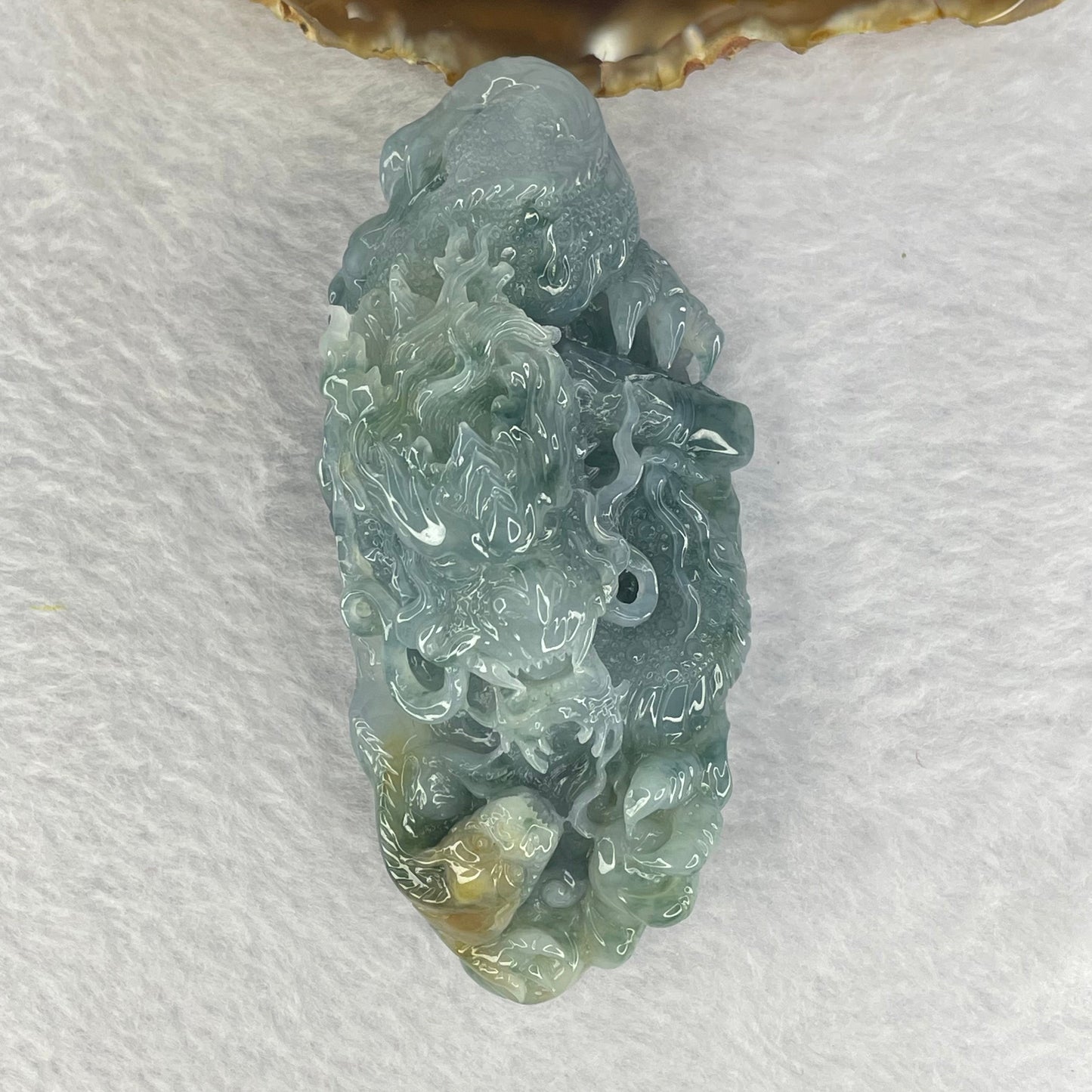 Grand Master Type A Jelly Blueish Green Flora with Yellow Jadeite Fire Dragon with Pixiu 笼饺子Display 164.12g 95.6 by 41.5 by 35.5mm with Wooden Stand for Wealth Luck Attraction