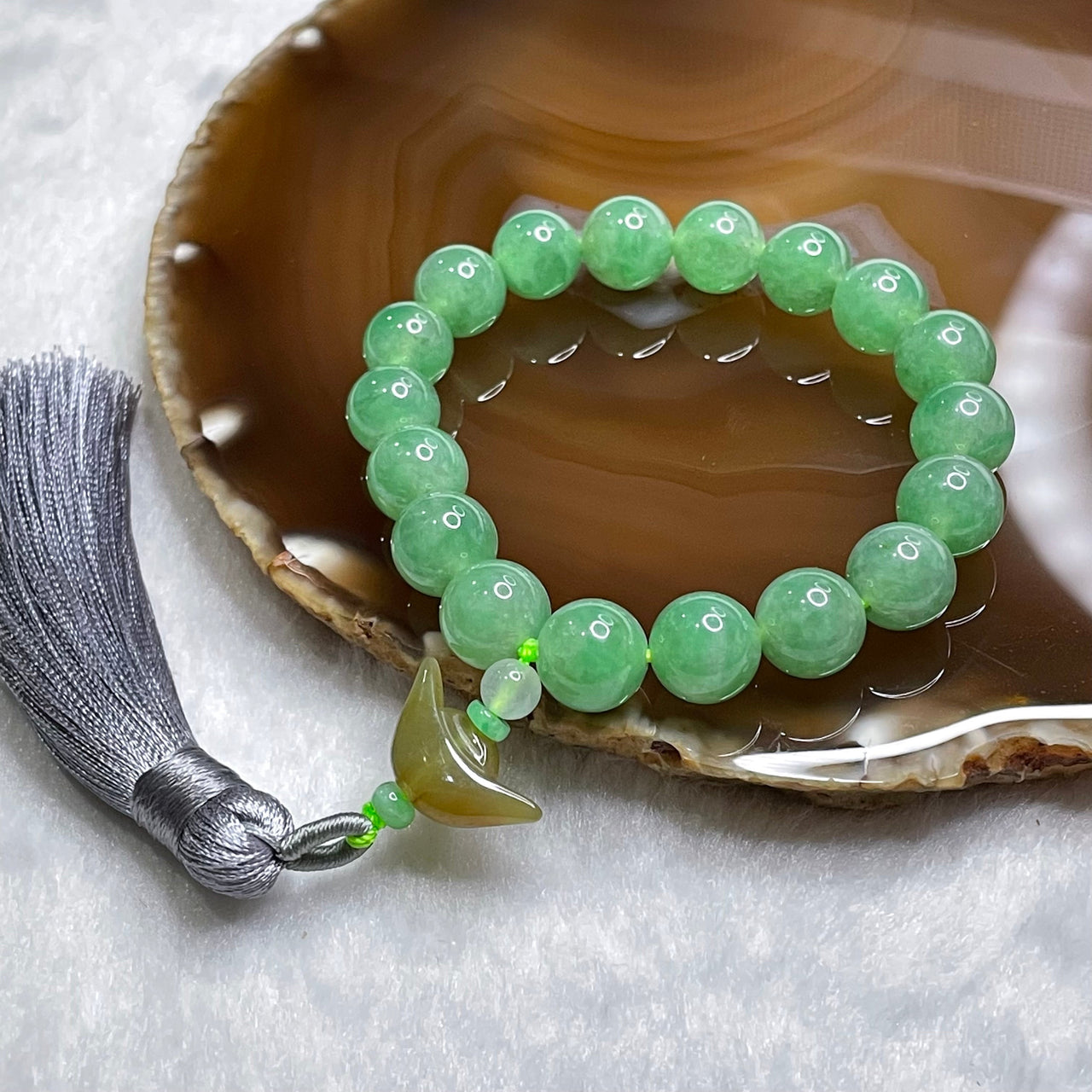 Imperial Rare Type A Semi-Icy Full Green Jadeite Bracelet with Yellow Jade Ingot (35.34g) – Sovereign "Wood & Earth" Wealth Talisman for Financial Growth and Constant Abundance 10.0mm 18 beads 14.5cm