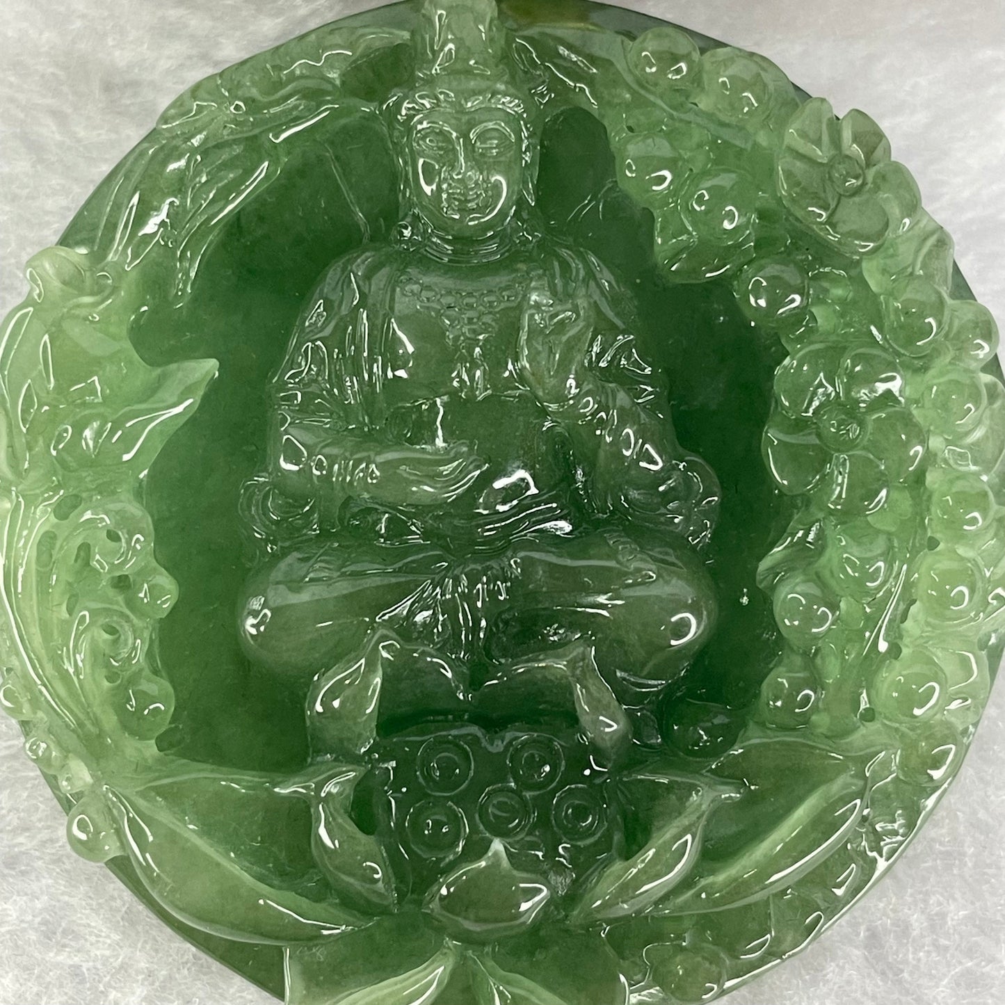 Golden Award Grand Master Type A Semi Icy Intense Green Jadeite Guan Yin on Lotus with Flowers 花开富贵观音 Pendant 62.02g 53.0 by 11.2mm