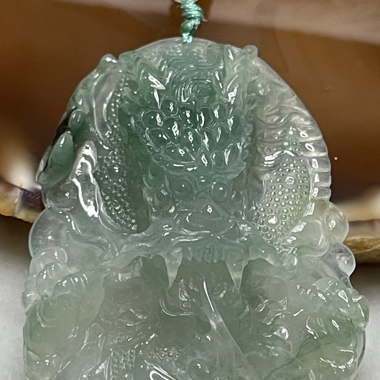 Rare Type A Icy Green Jade Jadeite Wealth Prosperity Dragon Pendant 35.02g 71.1 by 40.0 by 14.1mm