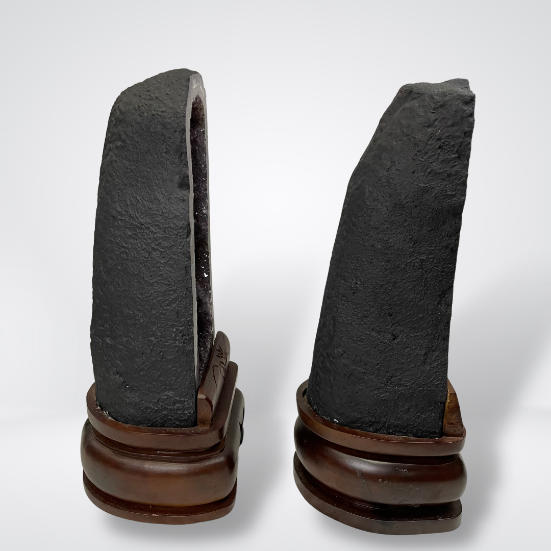 Special Natural Amethyst with Golden Rutile and Silver Particles Display Pair with Wooden Stand - 25.1kg