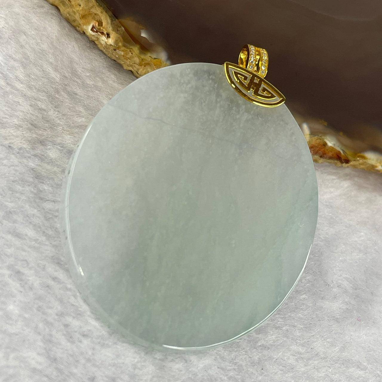 High Icy Type A Sky Blue Jadeite Wu Shi Pai 无事牌 18k Pendant with Diamonds 29.39g 50.8 by 43.9 by 4.9mm