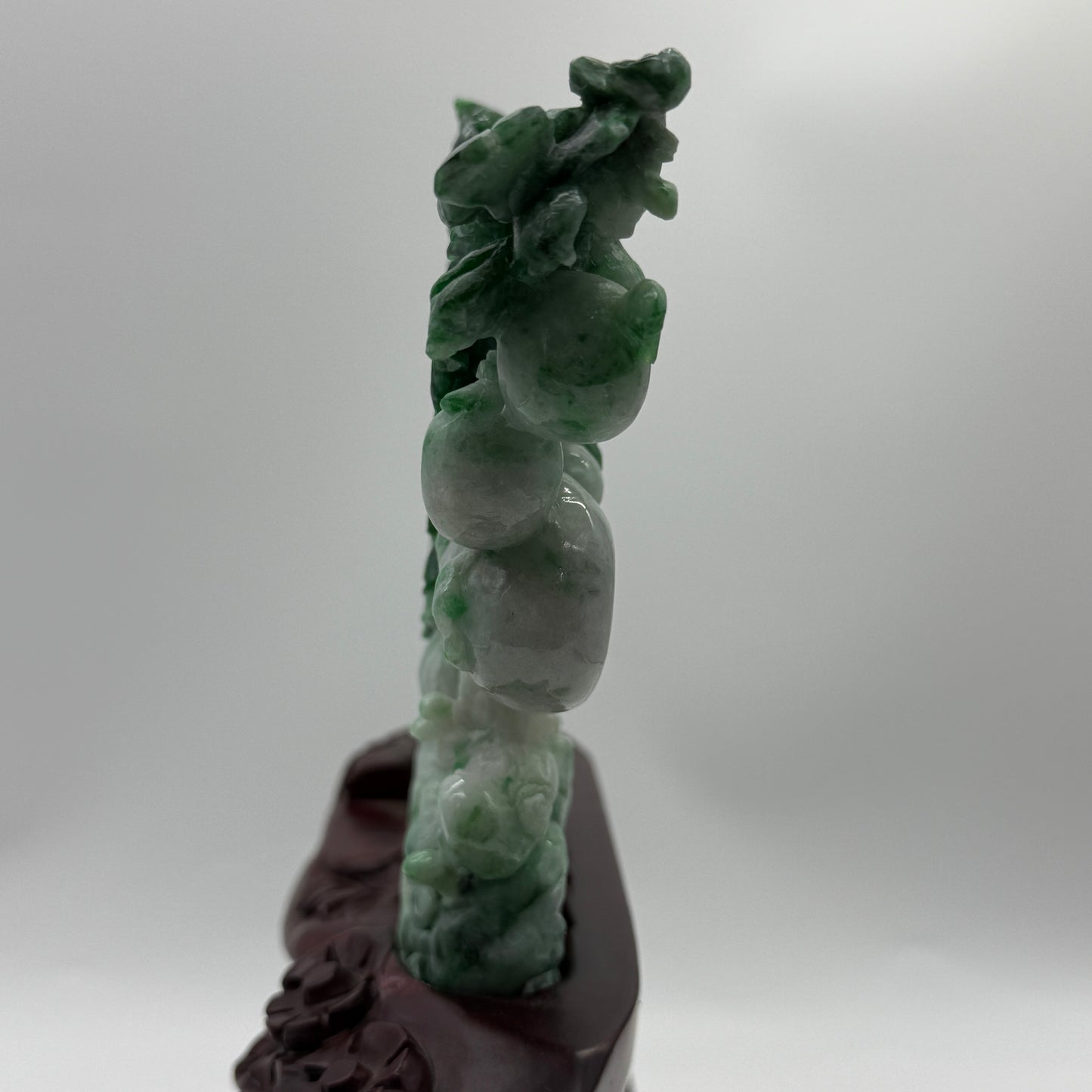 Type A Light Green with Spicy Green and Apple Green Patches Jadeite Tree with Twin Birds and Bamboo Display 1260g 24.0 by 2.8 by 16.0cm with wooden stand 2935g 31.0 by 10.0 by 28.0cm