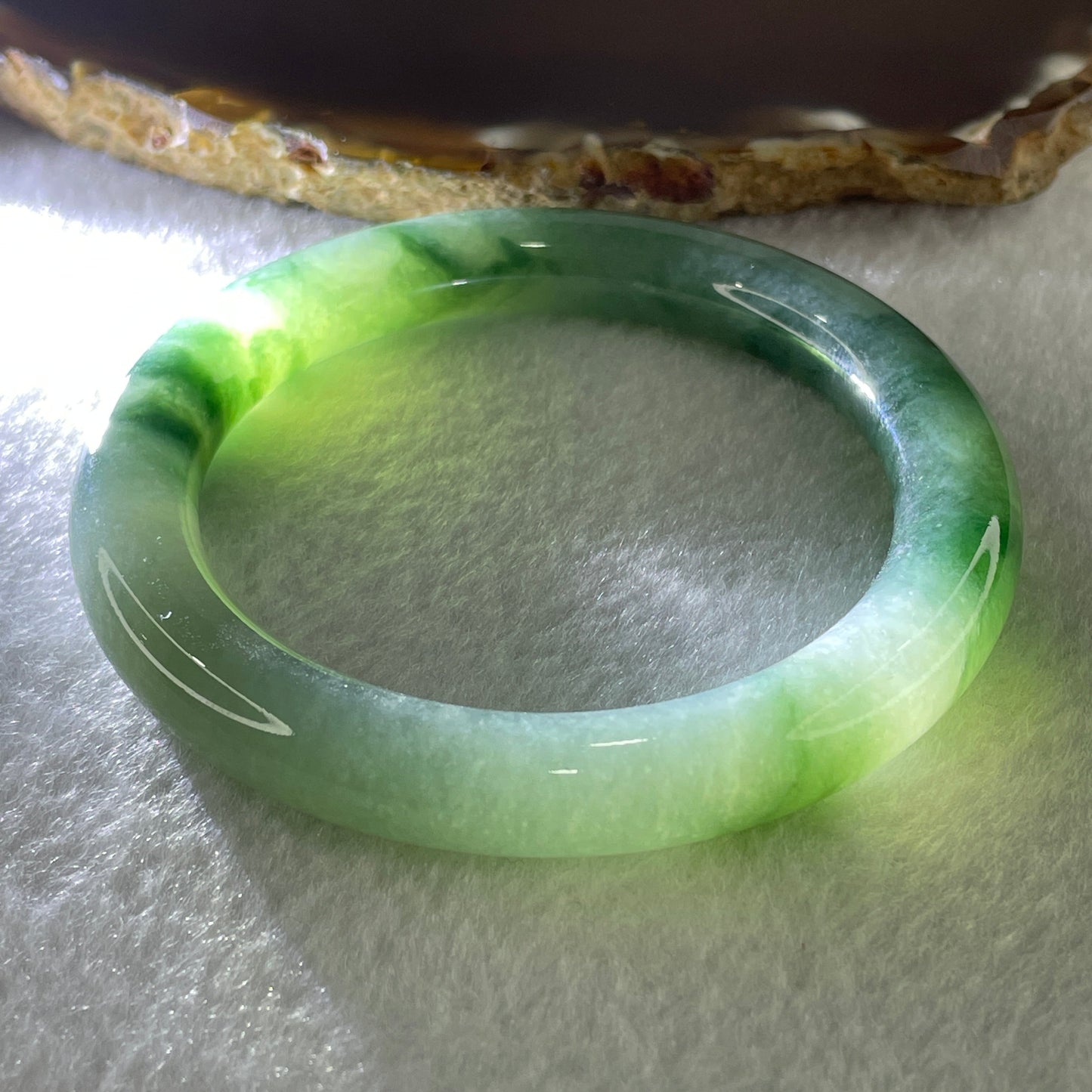 Certified Type A Natural Jelly Green with Dark Green Piao Hua Jadeite Bangle 52.87g Inner Diameter 56.0mm 9.5 by 10.1mm (Very Very Slight External Rough)