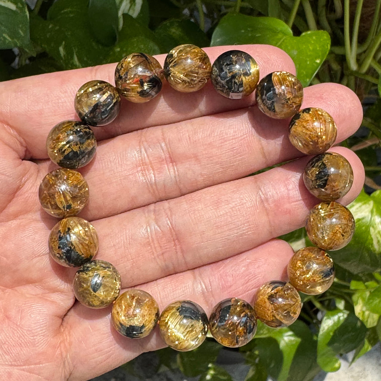 Rare Collectors Grade Full Golden Rutilated Quartz with Titanium Beads Bracelet 50.99g 17cm 12.8mm 17 Beads