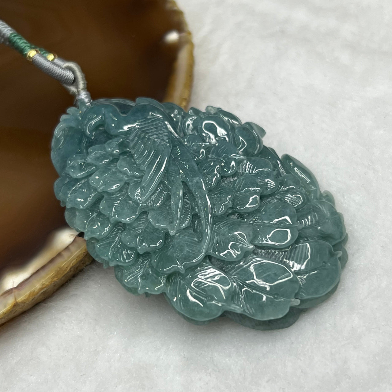 Type A RARE INTENSE Blue Jade Jadeite Phoenix Pendant 51.58g 66.4 by 45.7 by 9.9 mm Inner Diameter 53.4mm