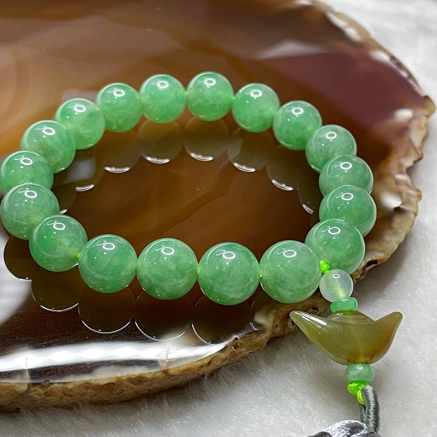 Rare Type A Semi Icy Full Green Jade Jadeite Beads Bracelet & Yellow Jade Ingot 35.34g 10.0mm/bead 18 beads