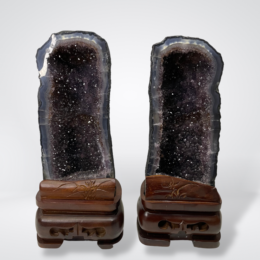 Special Natural Amethyst with Golden Rutile and Silver Particles Display Pair with Wooden Stand - 25.1kg