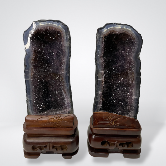Special Natural Amethyst with Golden Rutile and Silver Particles Display Pair with Wooden Stand - 25.1kg