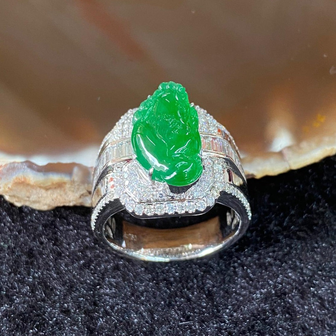 Rare Type A Burmese High End Jade Jadeite Chan Chu aka 3 Legged Frog Ring 18K White Gold & Diamonds - 14.99g US9.45 HK22 with NGI Cert