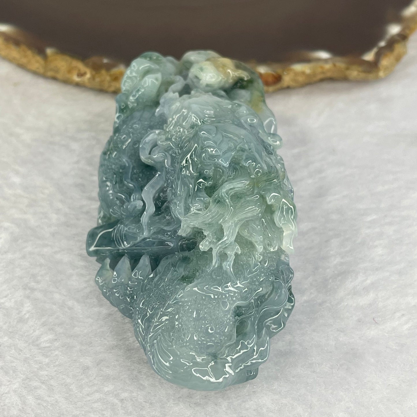 Grand Master Type A Jelly Blueish Green Flora with Yellow Jadeite Fire Dragon with Pixiu 笼饺子Display 164.12g 95.6 by 41.5 by 35.5mm with Wooden Stand for Wealth Luck Attraction