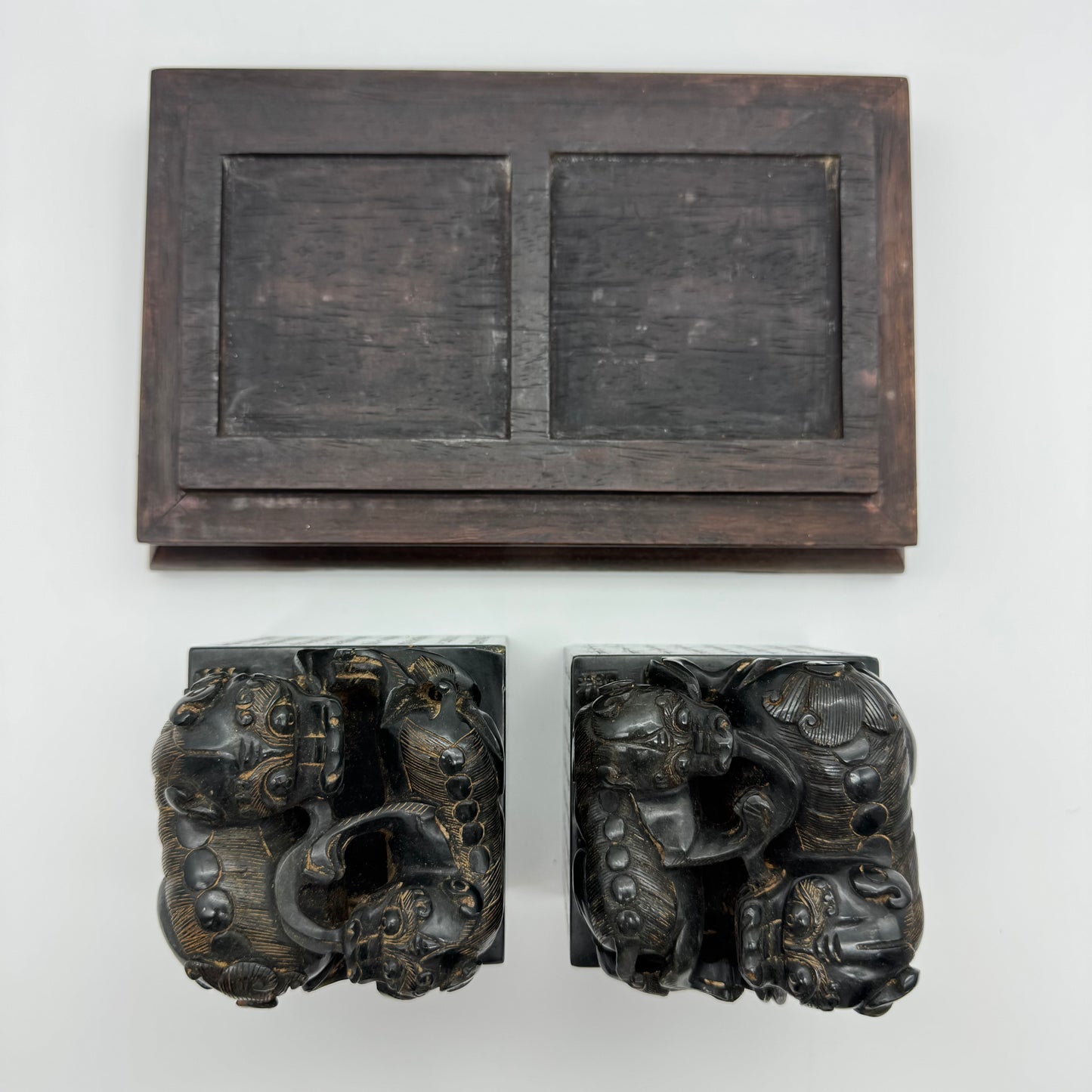 Rare Antique Natural Dark Green Nephrite Seal Pair of Twin Double Pixiu Stamp 5,596.2g 86.4 by 86.9 by 120.2mm with Wooden Box 355.0 by 165.0 by 190.0mm