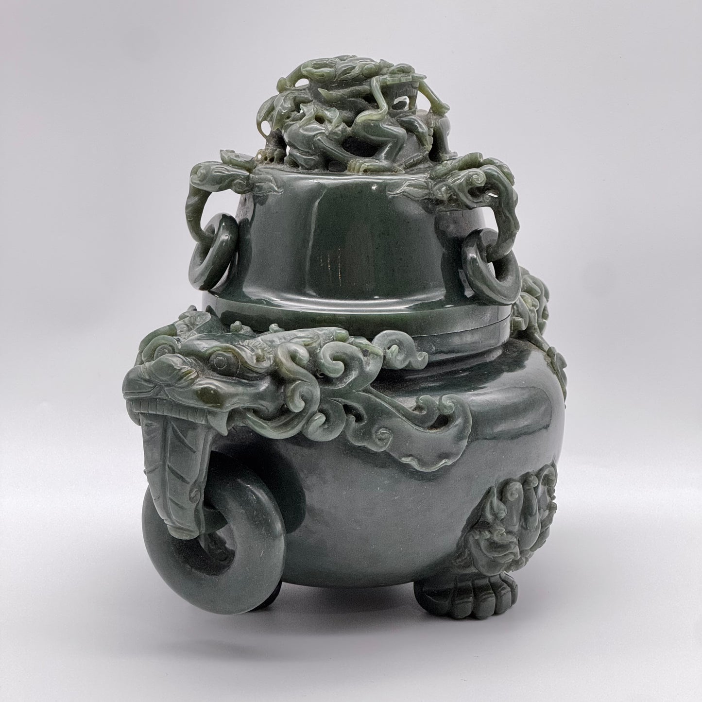 Rare Antique Natural Dark Green Nephrite Dragon Incense Burner 3,613.7g 250.0 by 170.0 by 215.0mm