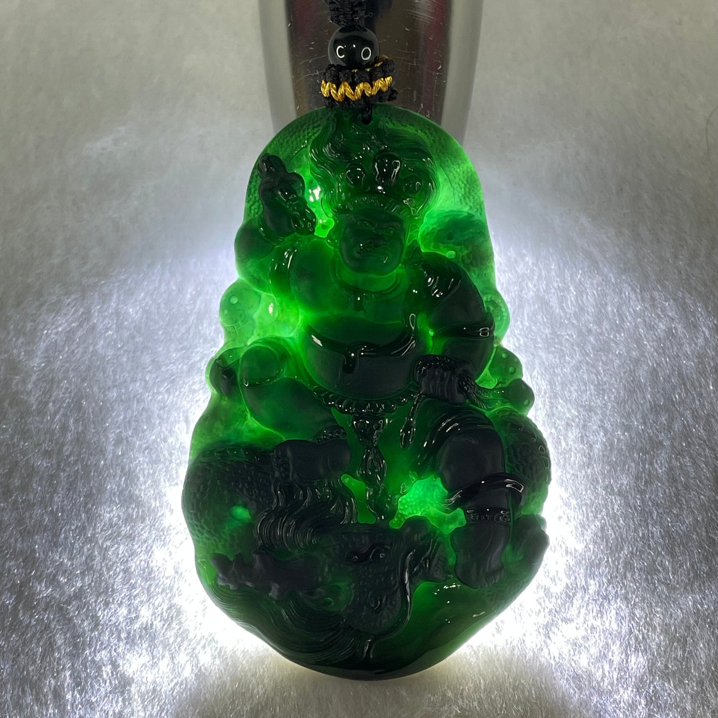 Rare Grand Master Type A Fully Translucent Black Omphacite Jadeite Da Hei Tian Daikokuten God of Fortune 大黑天 Pendant 26.52g 59.4 by 38.7 by 5.2mm