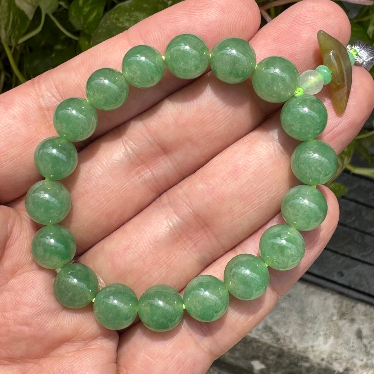 Imperial Rare Type A Semi-Icy Full Green Jadeite Bracelet with Yellow Jade Ingot (35.34g) – Sovereign "Wood & Earth" Wealth Talisman for Financial Growth and Constant Abundance 10.0mm 18 beads 14.5cm