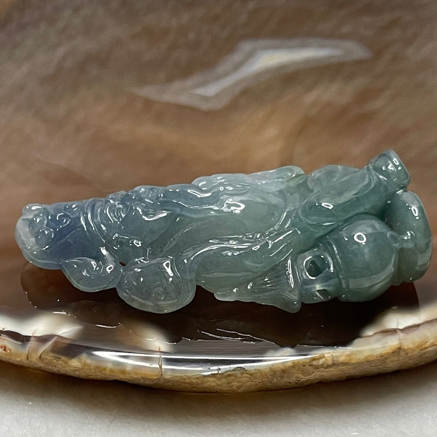 18K Gold Rare Type A Blueish Green with Lavender Jadeite Cai Sheng Ye Pendant for Ultimate Wealth with NGI Cert - 30.9g 59.0 by 28.9 by 12.8mm