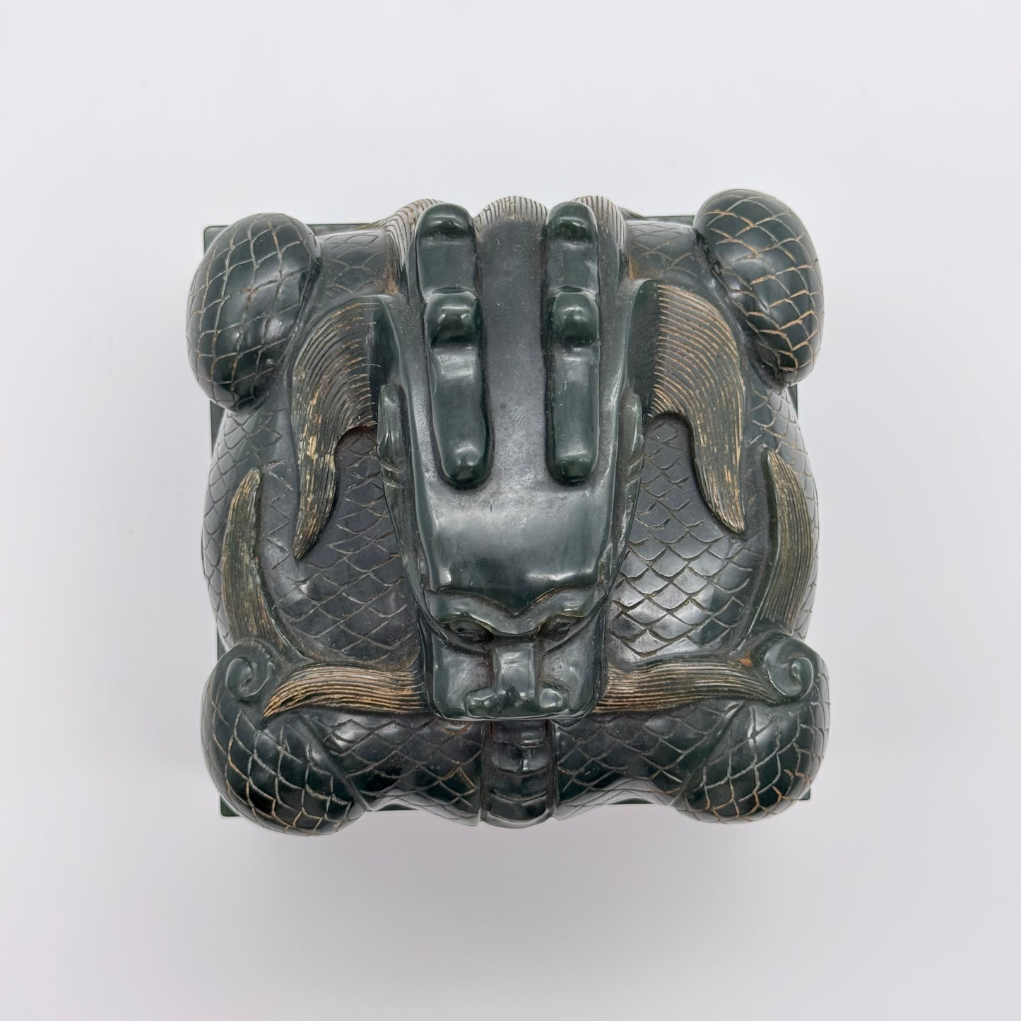 Rare Antique Natural Dark Green Nephrite Dragon Seal 3,120.1g 106.0 by 106.0 by 120.0mm with Wooden Box 4,254.4g 165.0 by 165.0 by 195.0mm