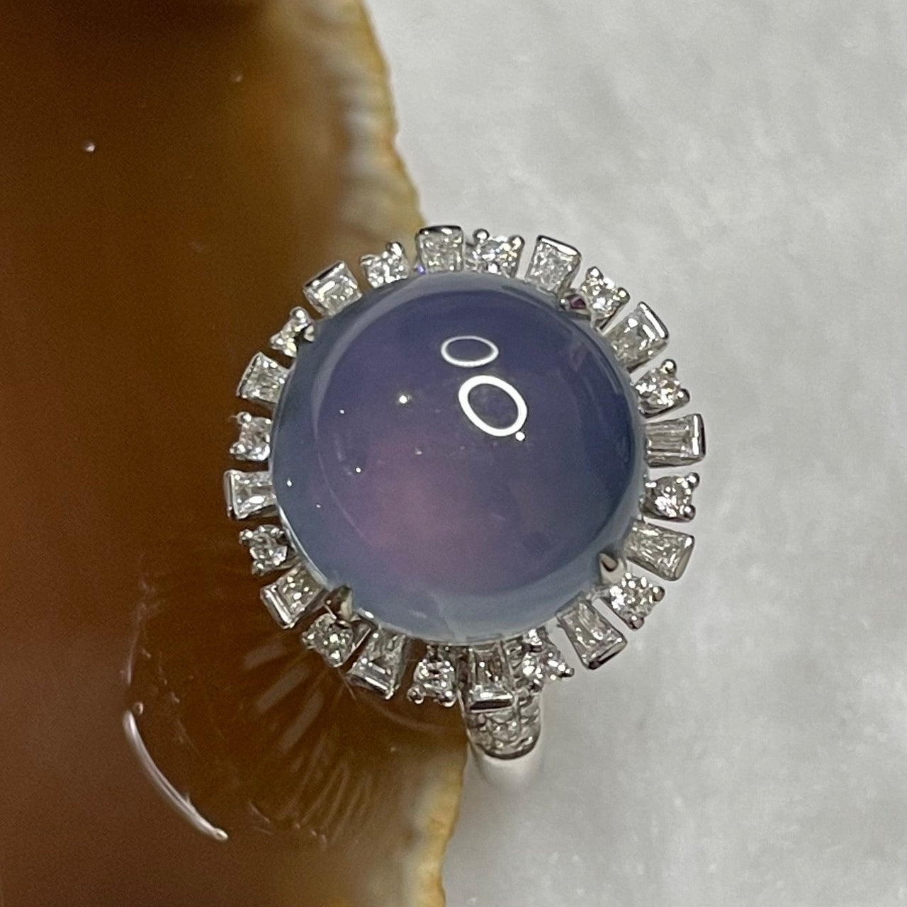 RARE Type A Semi Icy Lavender Jade Jadeite Ring 18k white gold & diamonds 4.84g Dimensions of jade: 11.6 by 11.6 by 4.2mm US 6.25 HK 14 with NGI cert