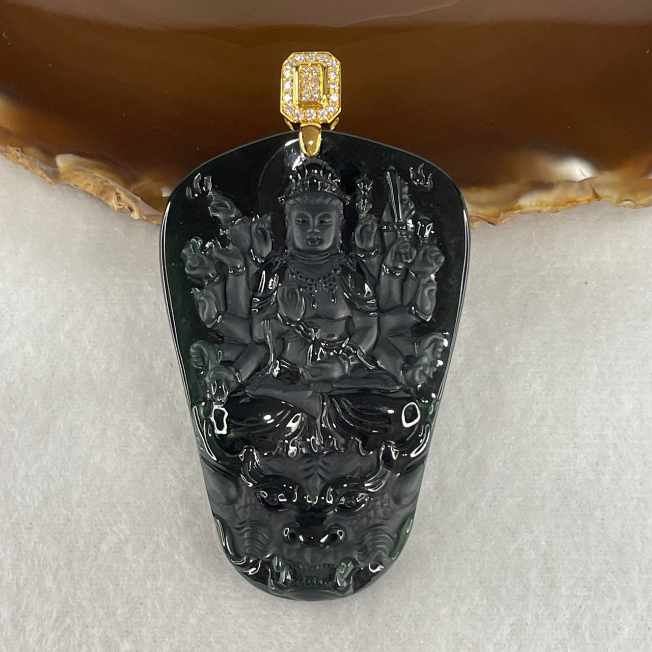 Certified High End Type A Translucent Black Omphacite Jadeite Thousand-Hand Guanyin Pendant | 18K Gold & Natural Diamond Clasp | Avalokiteshvara Protection (56.53g | 62.8 x 42.3 x 10.0mm)