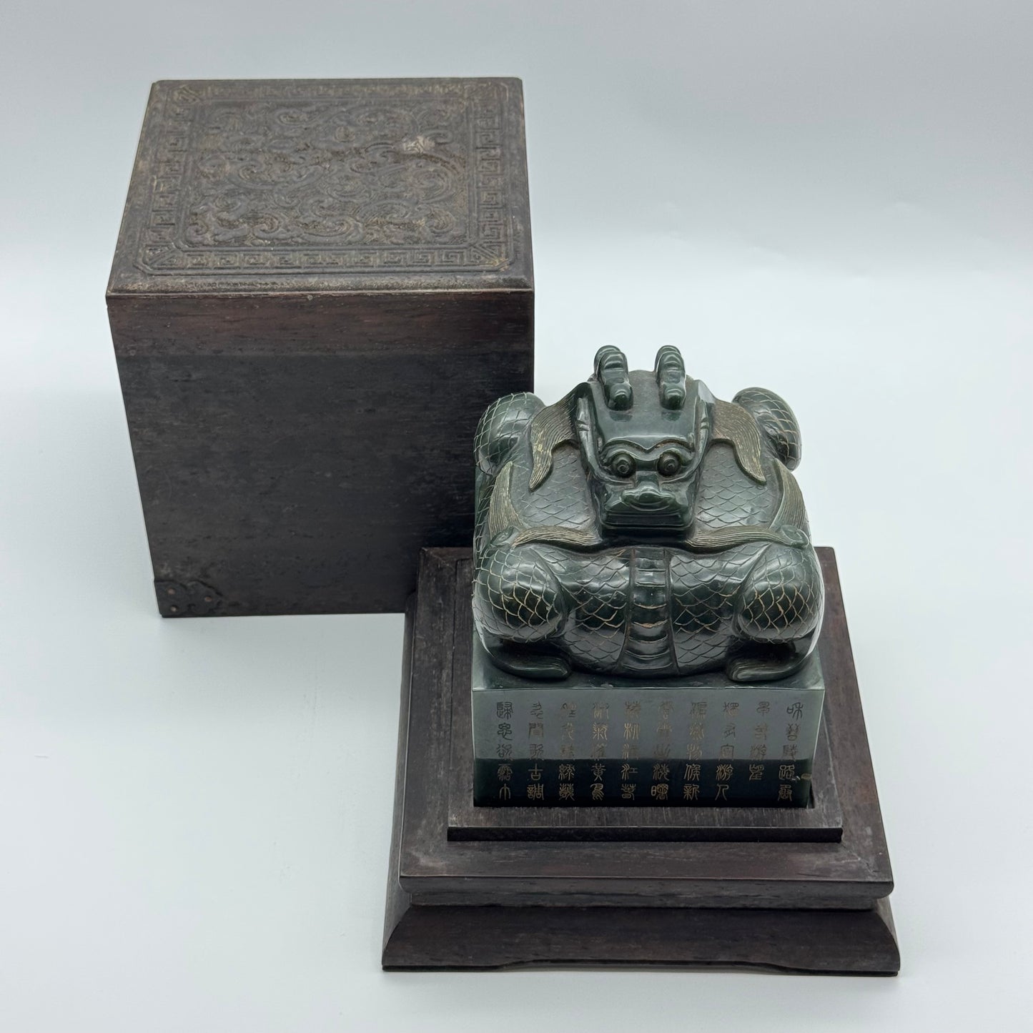 Rare Antique Natural Dark Green Nephrite Dragon Seal 3,120.1g 106.0 by 106.0 by 120.0mm with Wooden Box 4,254.4g 165.0 by 165.0 by 195.0mm