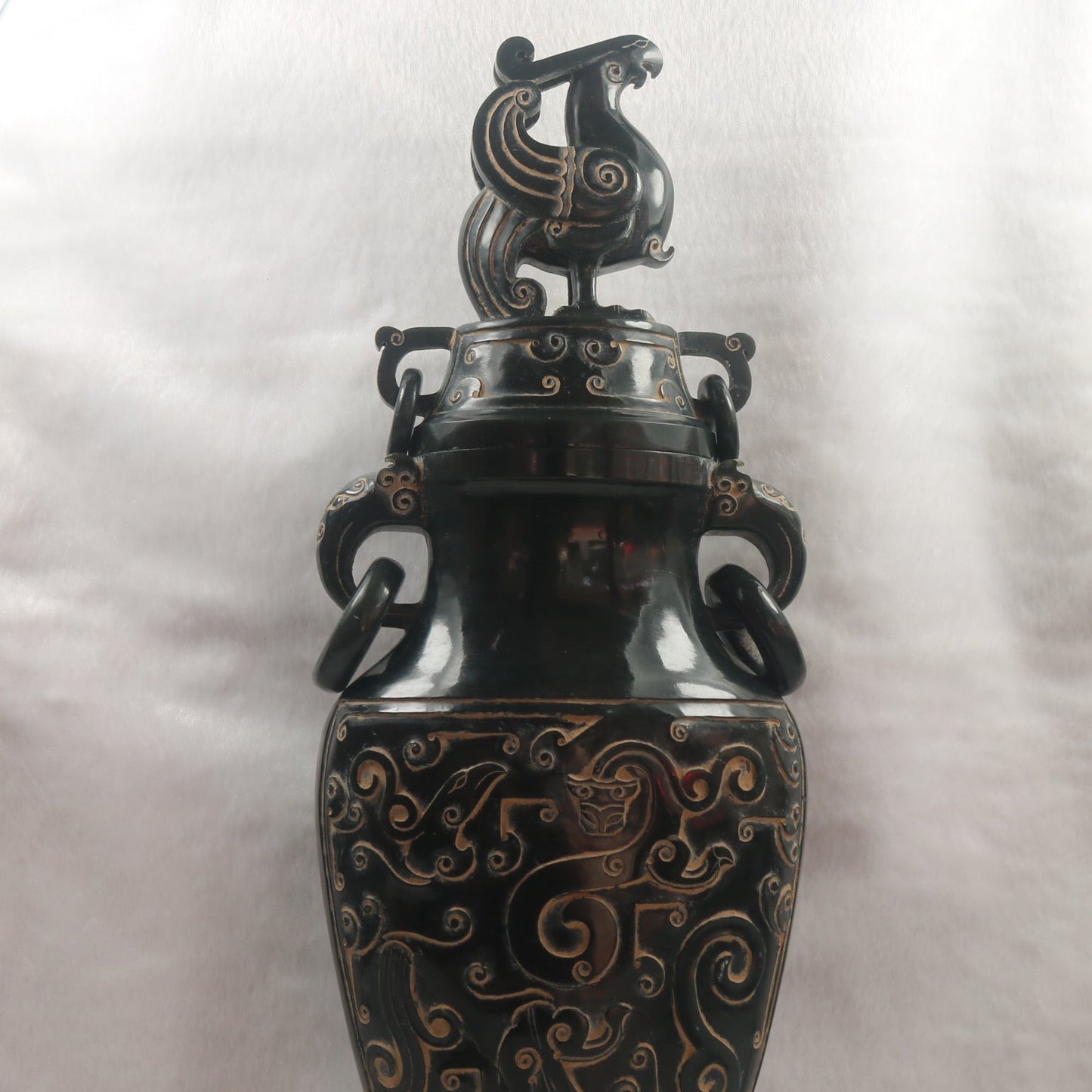 Rare Antique Natural Dark Green Nephrite Dragon Phoenix Bird Vase 2,047.6g 145.0 by 90.0 by 360.0mm