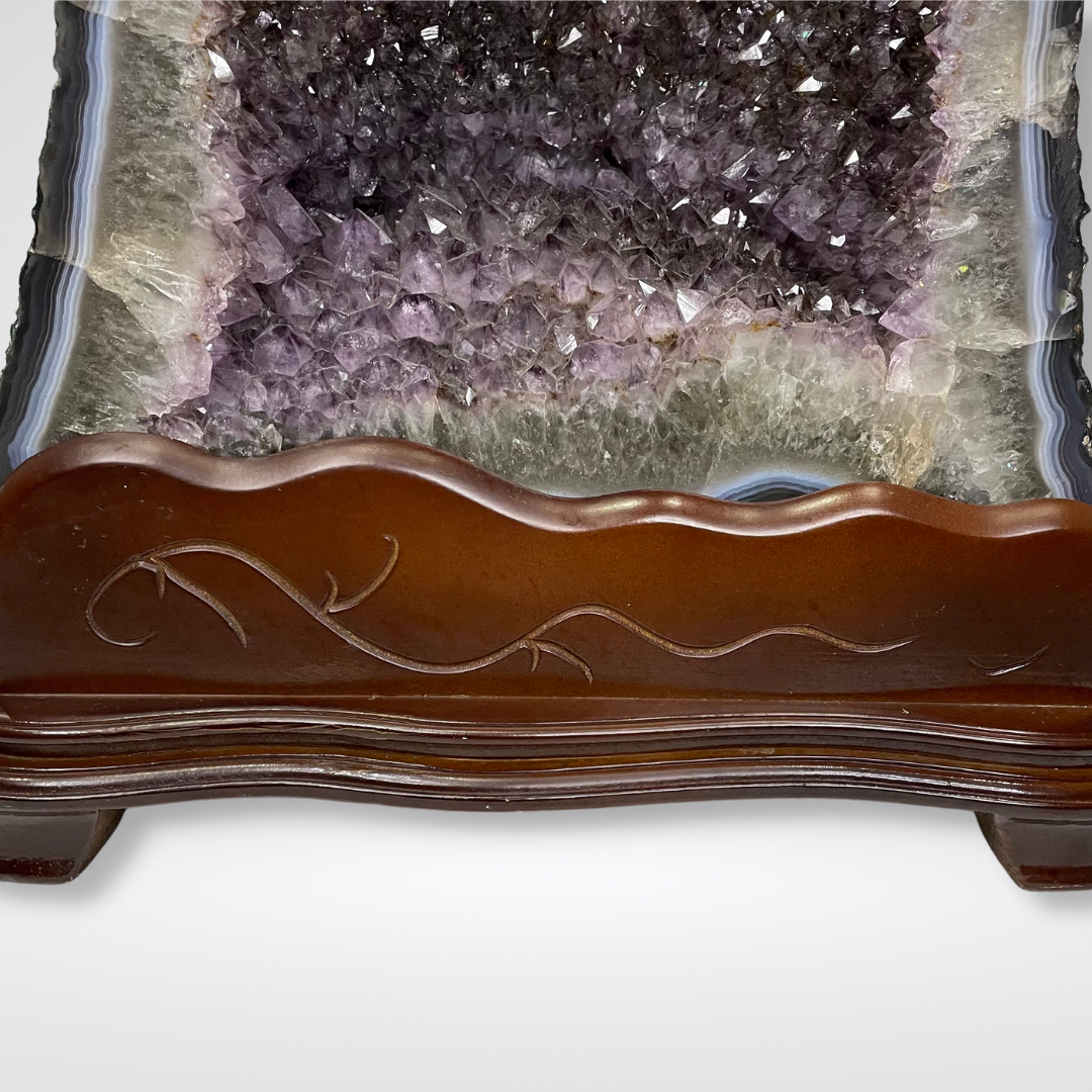 Rare Natural Amethyst with Golden and Black Rutile Display Wooden Stand - 50.4kg 520 by 470 by 380mm