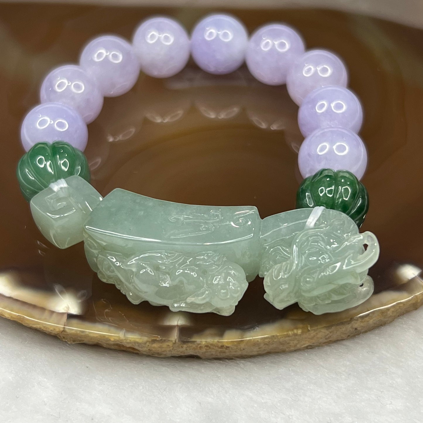 High End Type A Lavender and Green Jadeite Bracelet with Semi Icy Dragon and Pixiu Ruyi Charm 72.82g 13.4mm 11 Beads Charm Dimensions 63.3 by 14.3 by 18.4