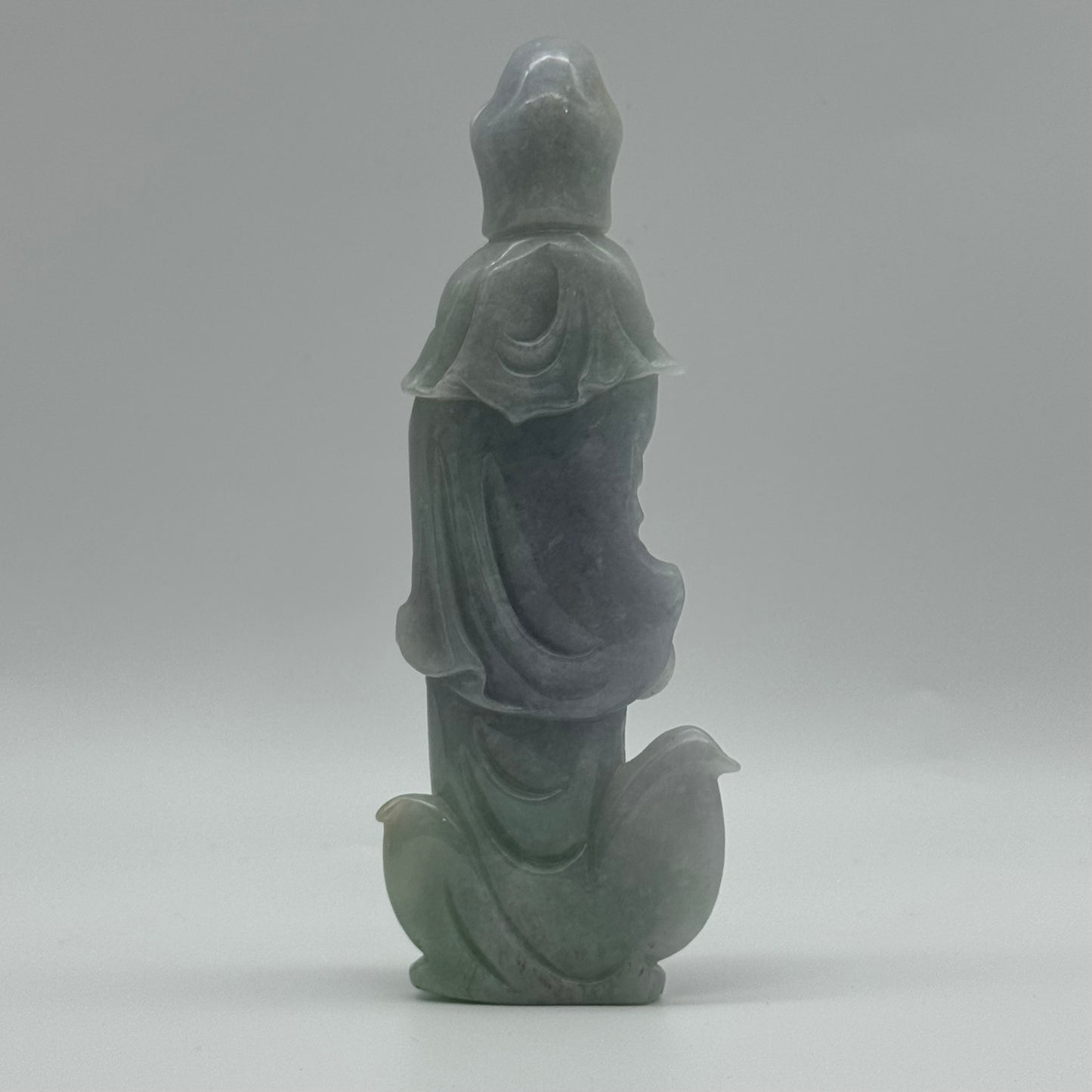 Type A Lavender and Green Jade Jadeite Guan Yin Display 210.5g 142.6 by 53.6 by 24.1mm with wooden stand total 1515g 310 by 152 by 106mm