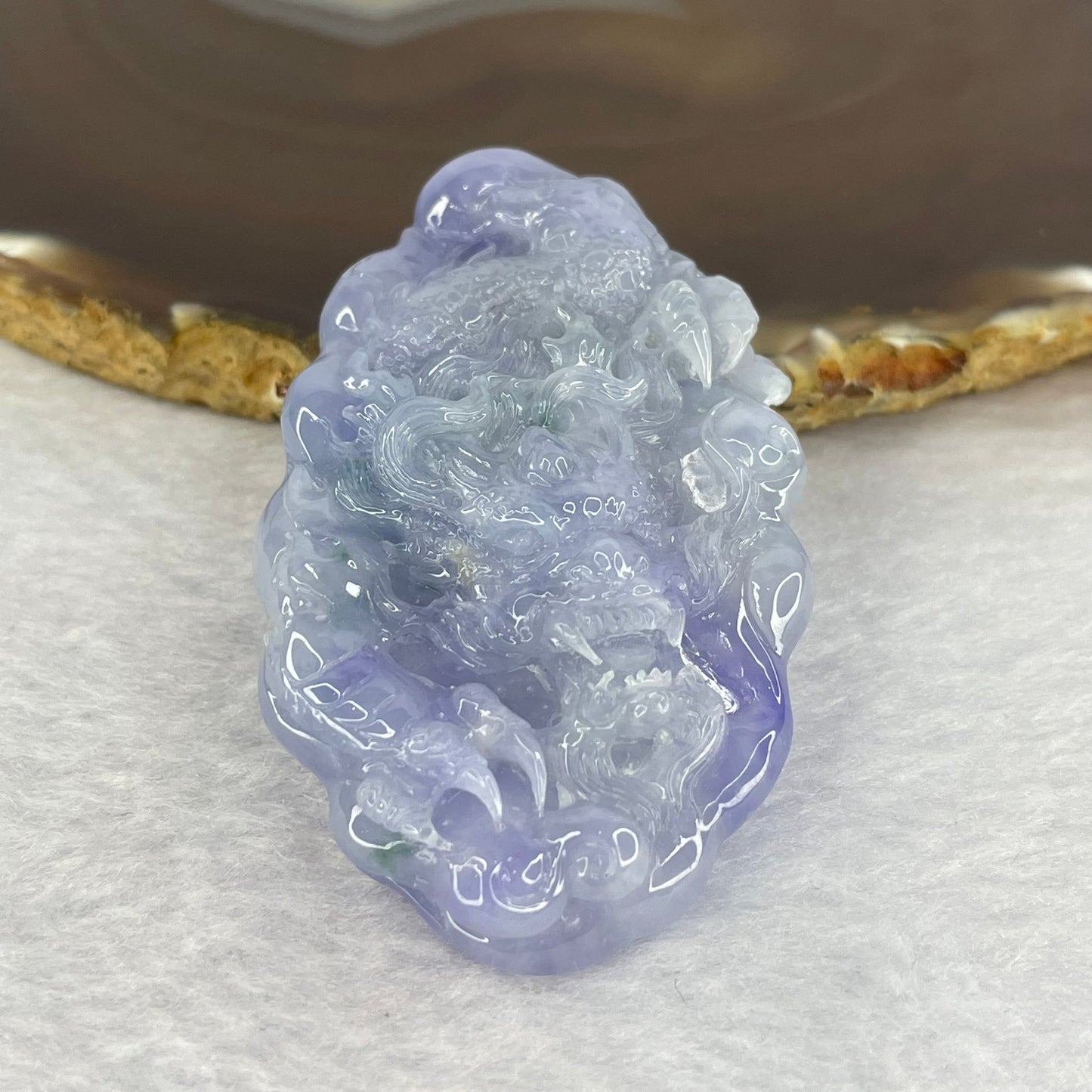 Very Rare Grand Master Semi Icy Type A Intense Lavender Jadeite Dragon 60.71g 68.0 by 39.20 by 16.8mm with Wooden Stand