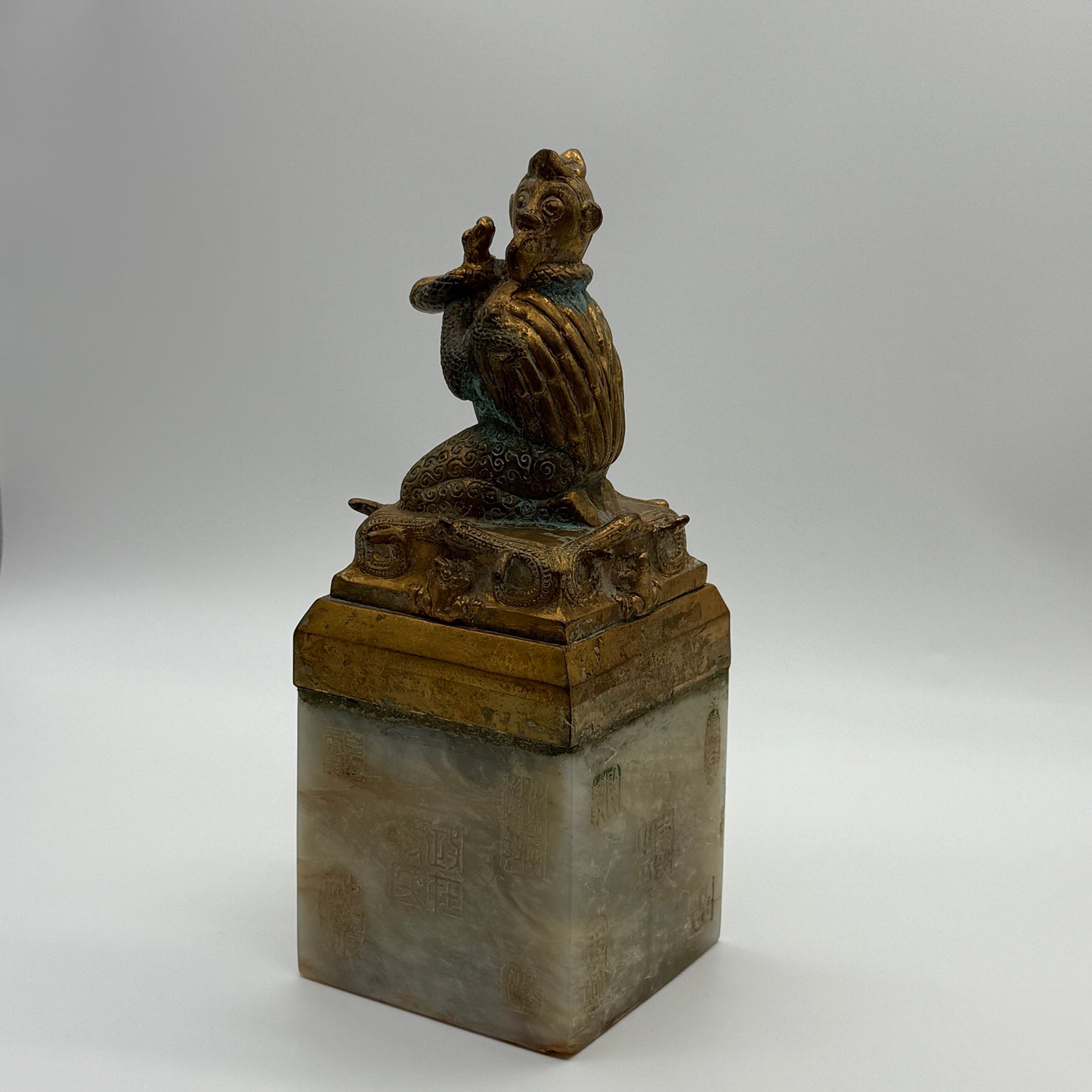 Rare Antique Nephrite with Copper Bird with Monkey Face with Snakes and Frogs Seal 2,751.6g 85.0 by 85.0 by 220.0mm