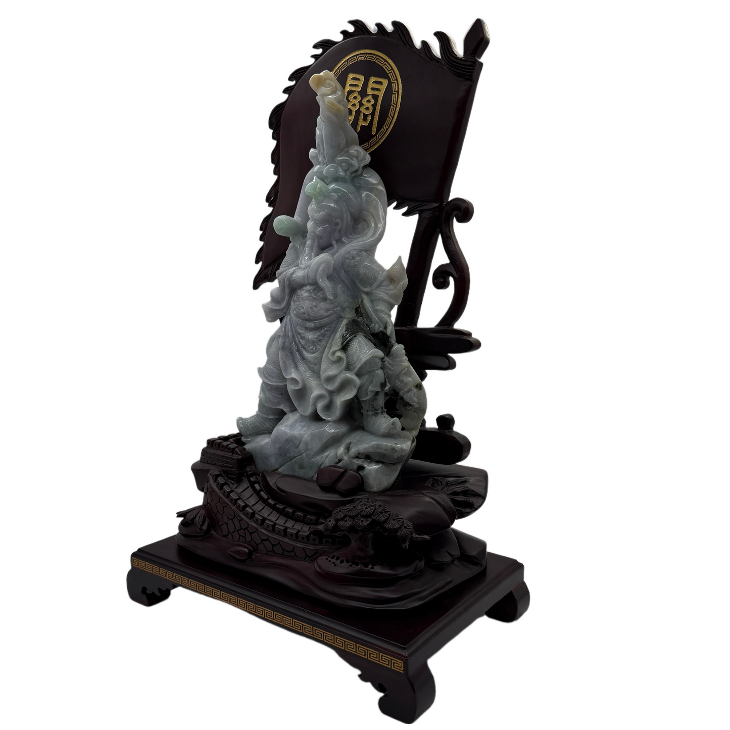 Type A Three Colour Lavender, Green & Yellow Jade Jadeite Standing Guan Gong with Wooden Stand and Victory Flag 义薄云天 旗开得胜 - 3.63kg Dimensions with Stand: 39 by 25 by 15cm Jade Dimensions: 27 by 15 by 7cm