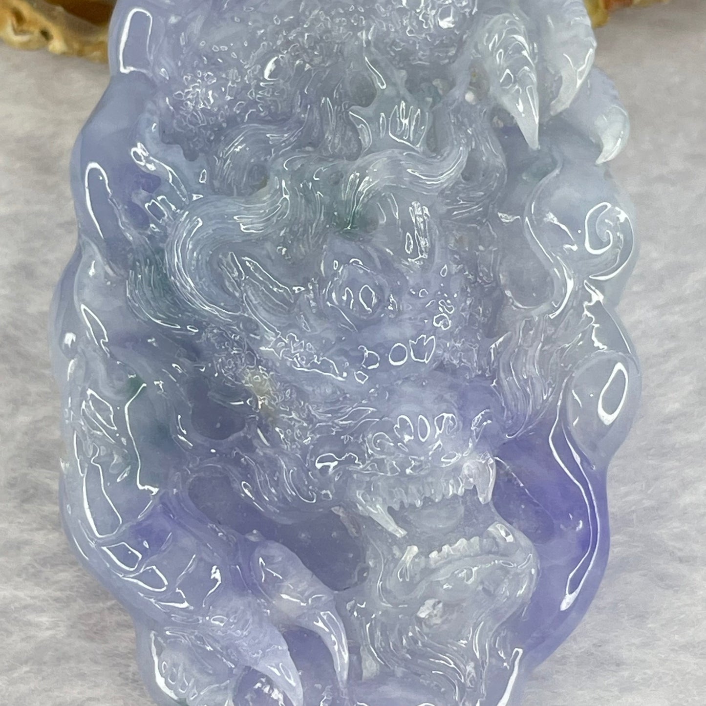 Very Rare Grand Master Semi Icy Type A Intense Lavender Jadeite Dragon 60.71g 68.0 by 39.20 by 16.8mm with Wooden Stand
