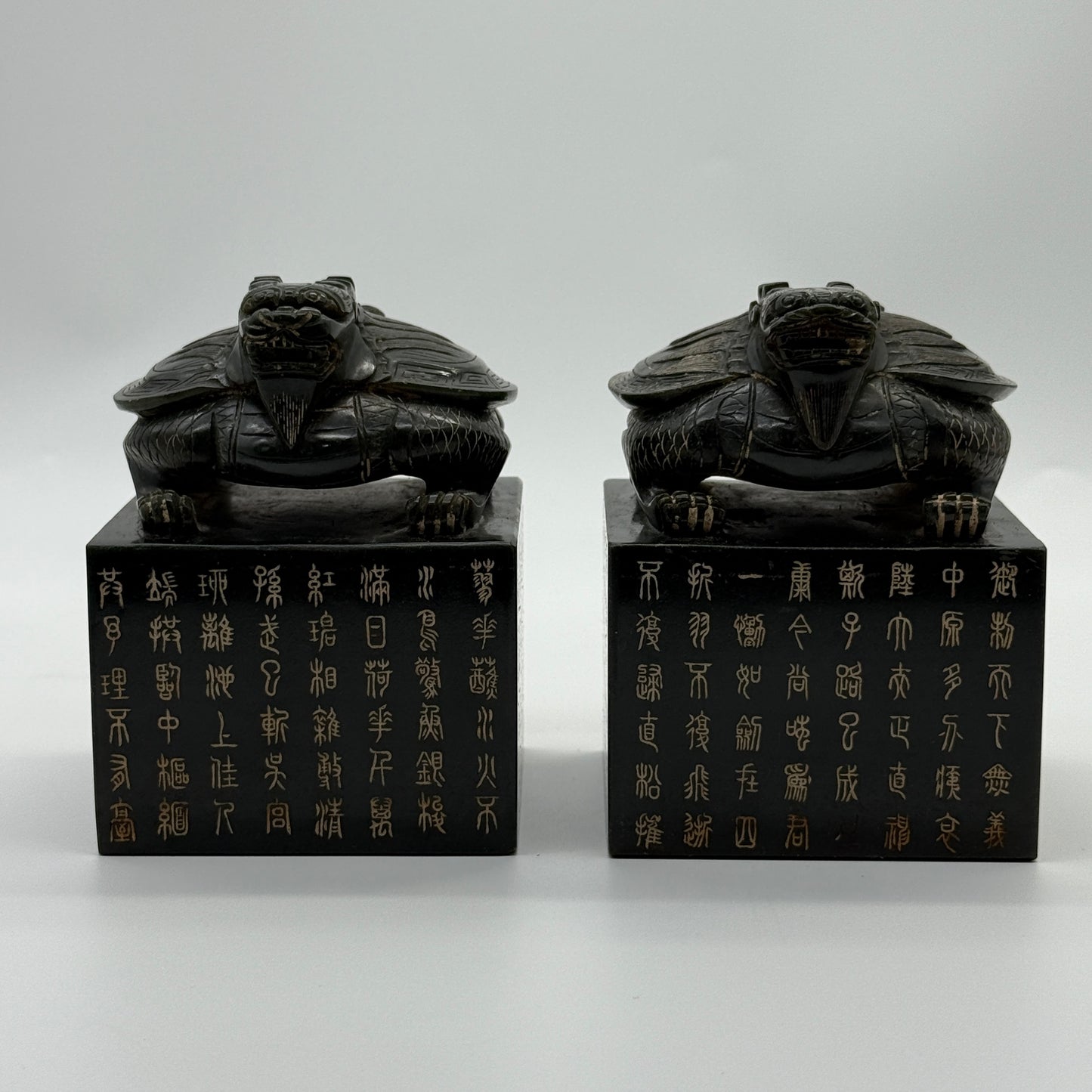 Rare Antique Natural Nephrite Dual Dragon Turtle Seal Set in Zitan Dragon Carvings Box Total Weight 4,853.2g 205.5 by 190.0 by 140.0mm each seal about 1,719.5g 84.7 by 82.3 by 113.1mm