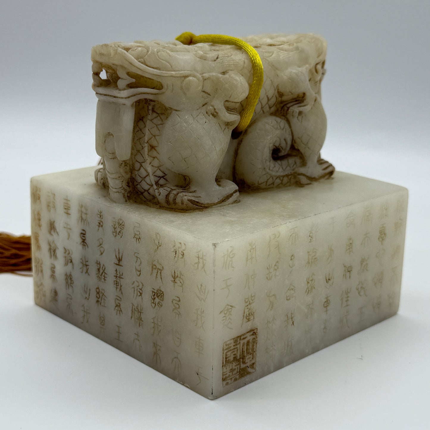 Rare Antique Natural Yellow White Nephrite Double Headed Dragon Seal 2,023.4g 101.4 by 101.0 by 110.0mm
