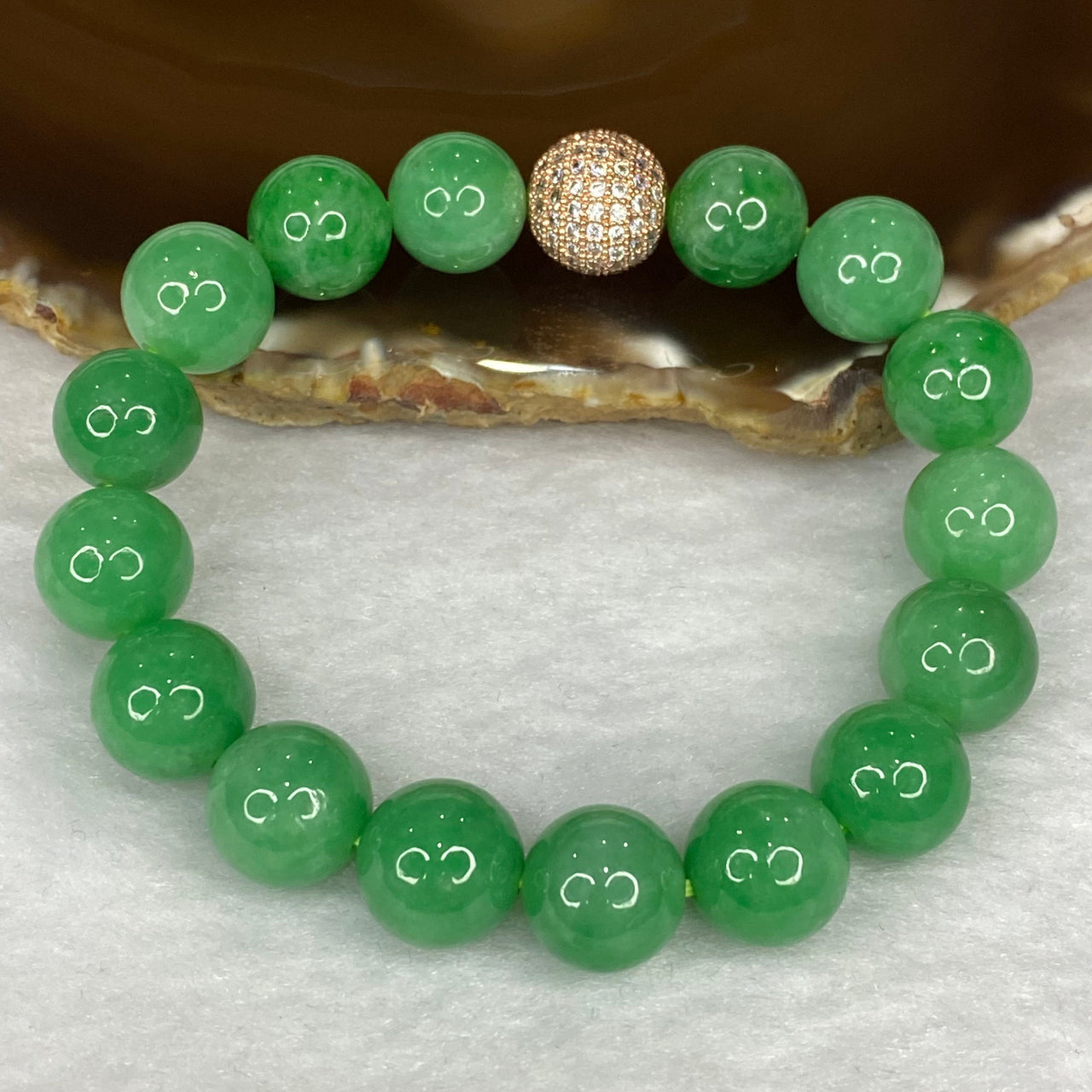 Rare High End Type A Full Spicy Green Myanmar Burmese Jadeite Beads Bracelet 49.02g 12.2mm 16 Beads