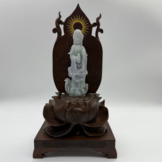 Type A Lavender and Green Jade Jadeite Guan Yin Display 210.5g 142.6 by 53.6 by 24.1mm with wooden stand total 1515g 310 by 152 by 106mm