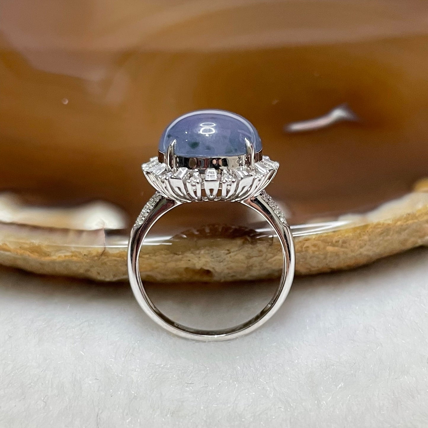 RARE Type A Semi Icy Lavender Jade Jadeite Ring 18k white gold & diamonds 4.84g Dimensions of jade: 11.6 by 11.6 by 4.2mm US 6.25 HK 14 with NGI cert