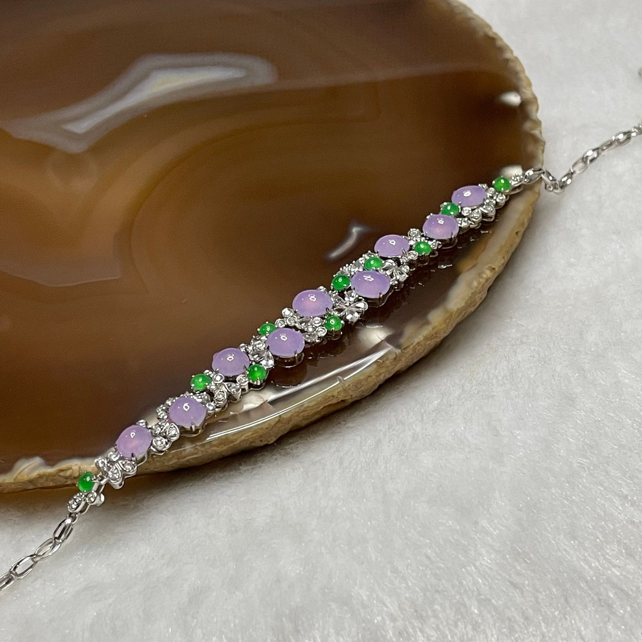 Imperial Type A Semi-Icy Lavender & Green Jadeite Bracelet in 18K White Gold – "Heaven & Earth" Talisman with Diamonds & Sapphires for Noble Grace, Wisdom, and Harmony 7.23g middle piece: 88.2 by 9.2 by 4.7mm 16cm
