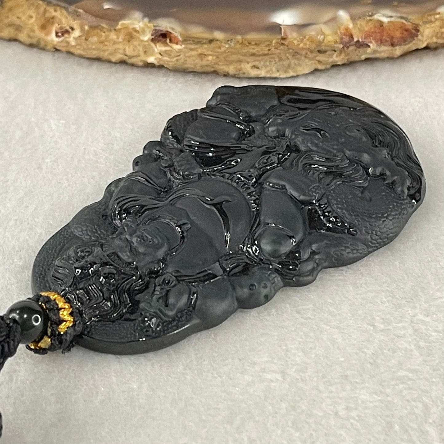 Rare Grand Master Type A Fully Translucent Black Omphacite Jadeite Da Hei Tian Daikokuten God of Fortune 大黑天 Pendant 26.52g 59.4 by 38.7 by 5.2mm