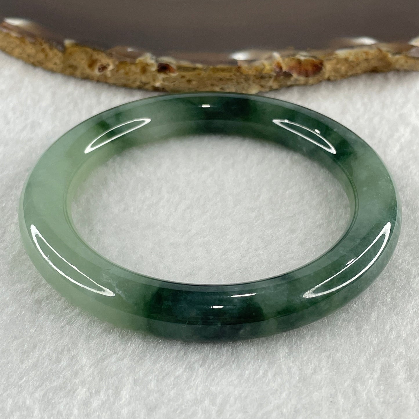 Certified Type A Natural Jelly Green with Dark Green Piao Hua Jadeite Bangle 52.87g Inner Diameter 56.0mm 9.5 by 10.1mm (Very Very Slight External Rough)