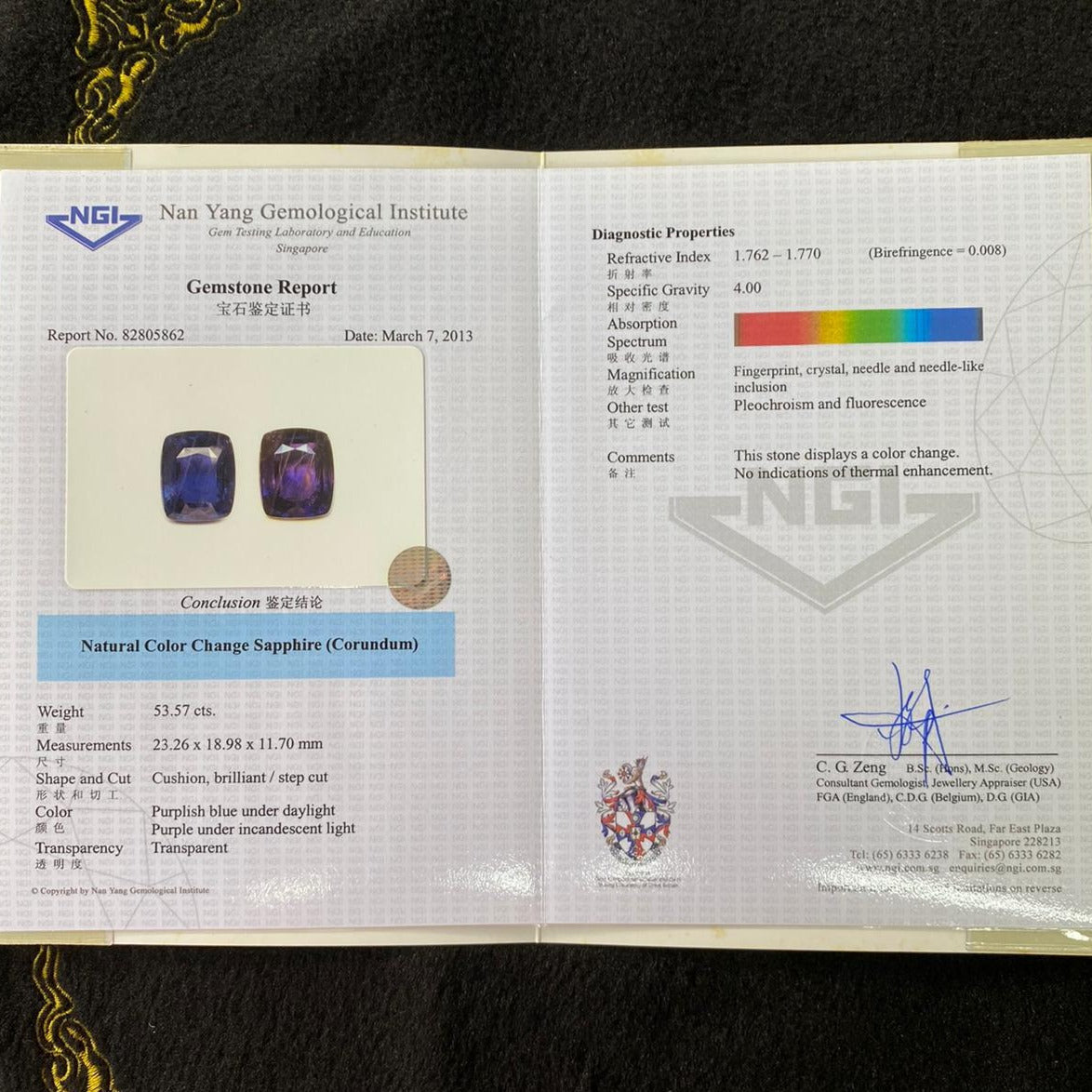Very Rare and Large Unheated Natural Color Changing Sapphire 53.57ct 23.18 by 18.94 by 11.69mm With GRS and NGI Certificates
