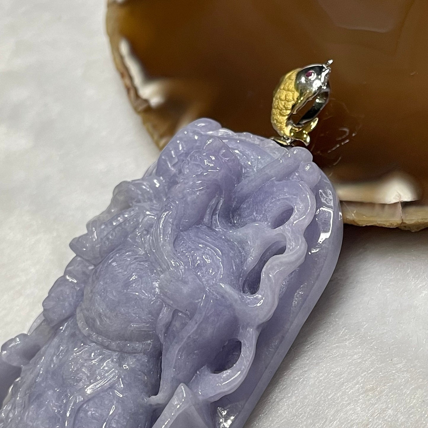 Rare Type A Intense Lavender Guan Gong Jade Jadeite 18k gold with NGI Cert 106.26g 90.0 by 41.3 by 15.8mm