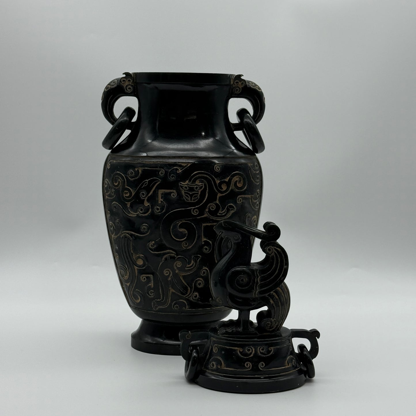 Rare Antique Natural Dark Green Nephrite Dragon Phoenix Bird Vase 2,047.6g 145.0 by 90.0 by 360.0mm