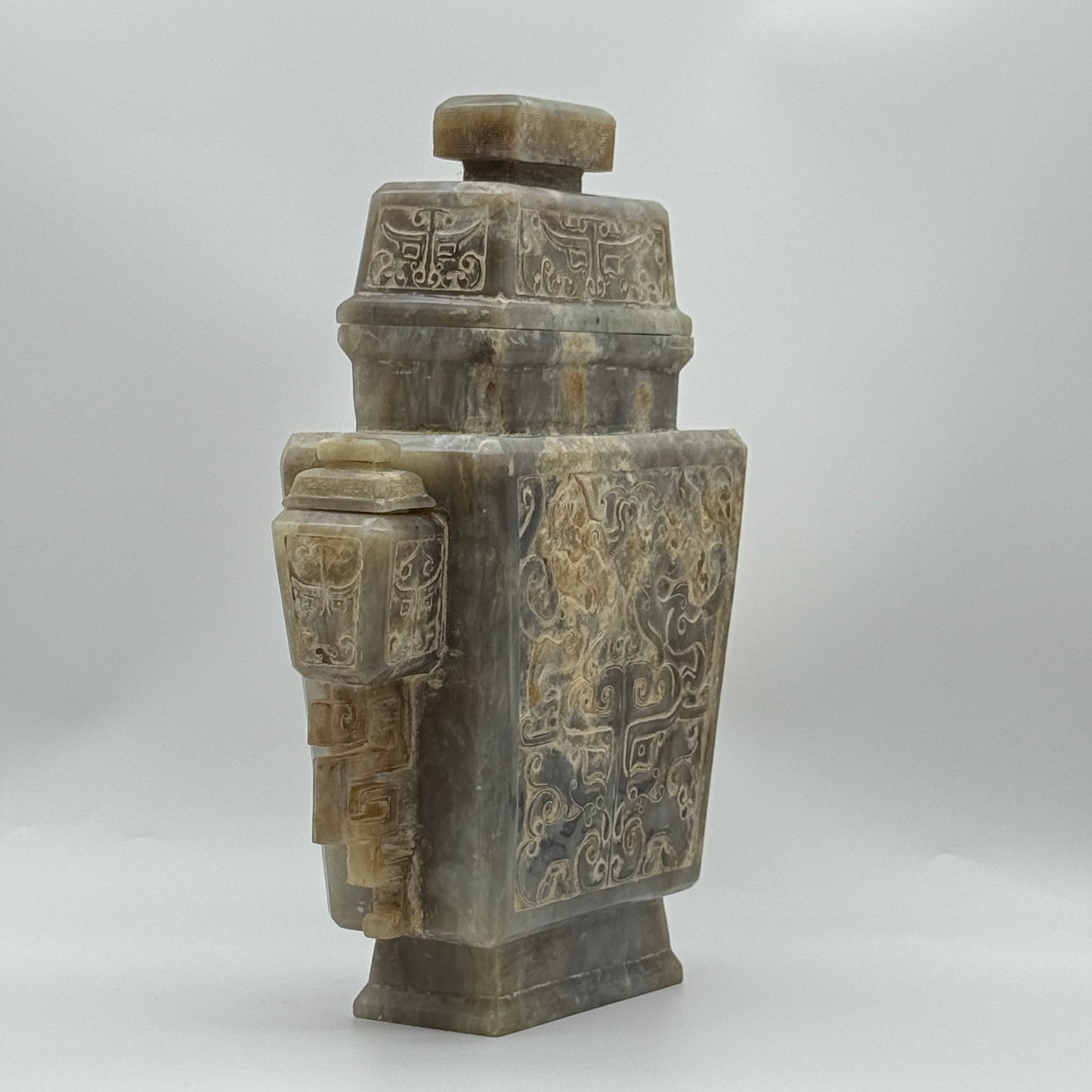 Rare Antique Natural Grey with Yellow White Patches Nephrite Double Pixiu Vase 3,014.3g 225.0 by 83.0 by 280.0mm