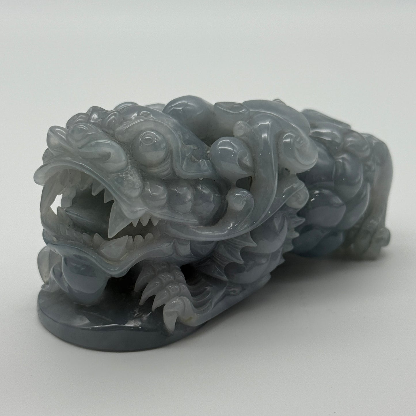 Type A Blueish Lavender Jade Jadeite Pixiu & Ruyi Display with Wooden Stand: Pixiu: 373.1g 93.1 by 43.1 by 43.7mm With Stand: 747.5g 215.4 by 111.5 by 99.6mm