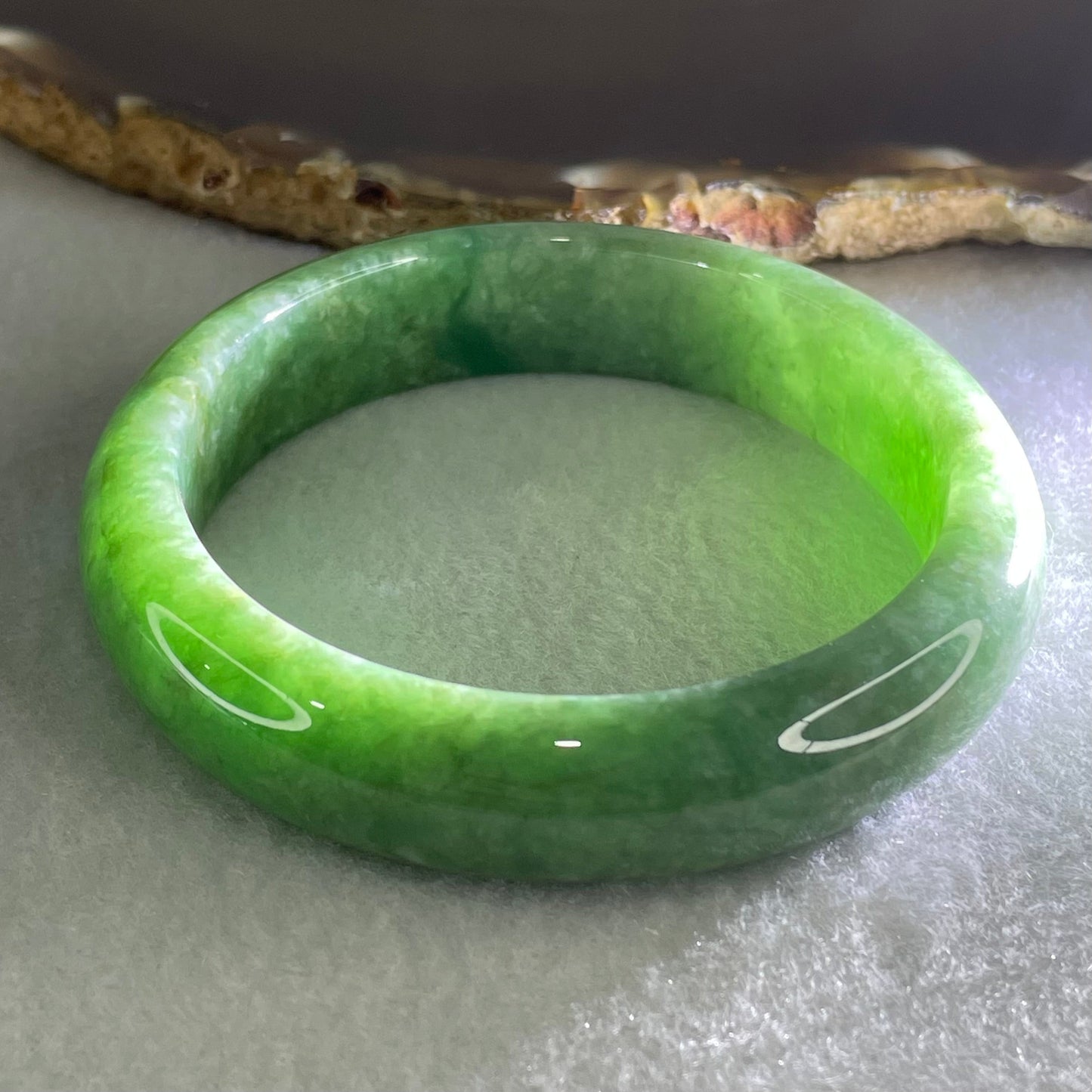 Rare Type A Full Spicy Green Jadeite Bangle 55.95g Inner Diameter 55.2mm 13.5 by 7.8mm (Slight Internal Lines)